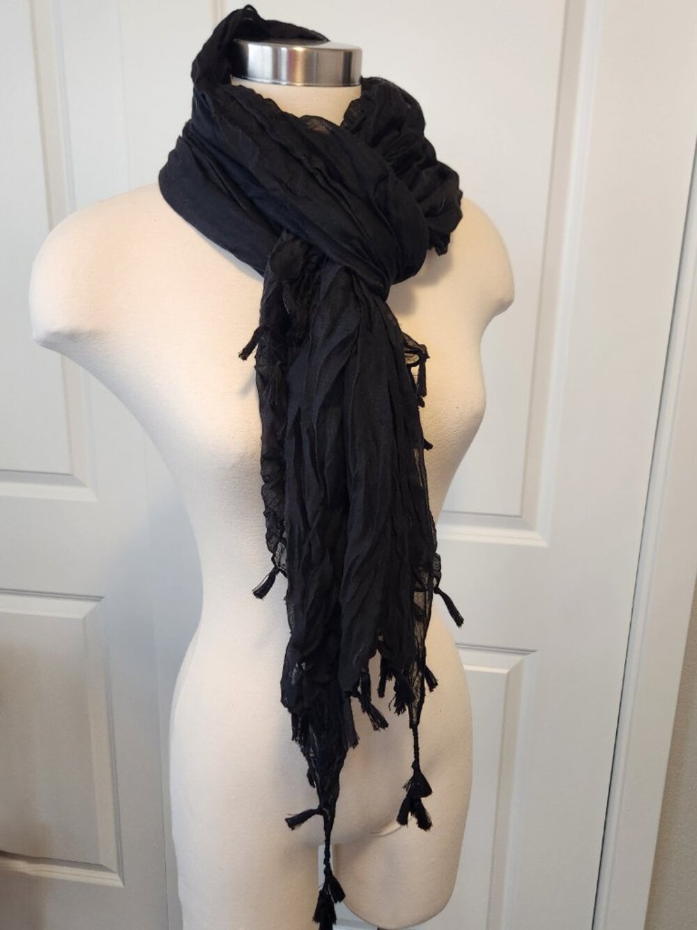 Black Sheer Polyester Scarf with Tassle Accents - FREE SHIPPING